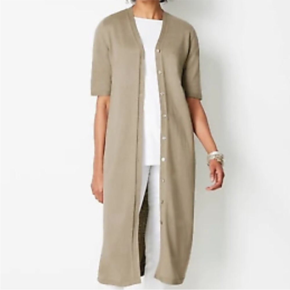 J Jill Knit Button Up Linen Blend Midi Dress Long Cardigan green size L